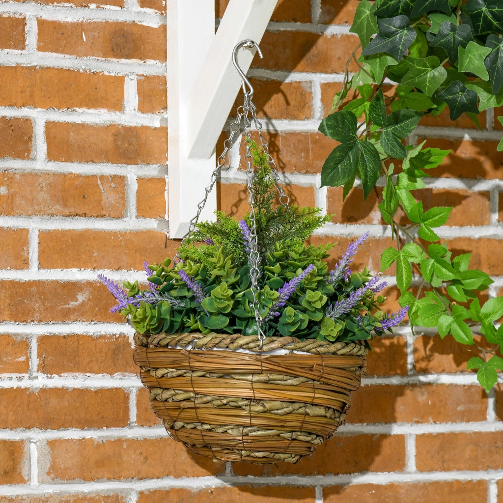 Set 2 Piante Artificiali di Lavanda Ø25x34 cm con Vaso e Gancio in PE e Vimini Verde e Viola