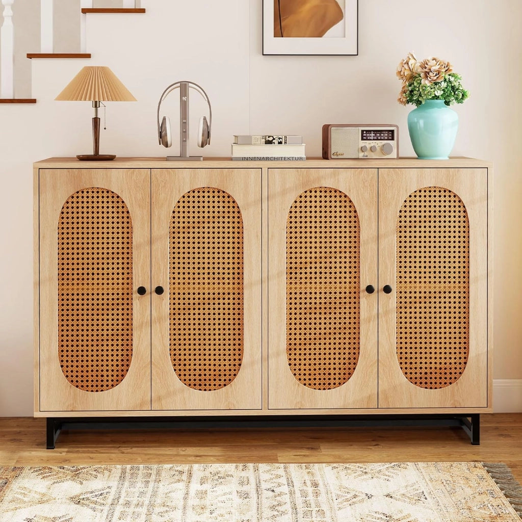 Credenza in Rattan, Armadio a Buffet con 4 Ante, Ripiani Regolabili in 3 Posizioni e Gambe in Metallo, Mobile Contenitore in Legno per Cucina, Sala da Pranzo e Soggiorno, 126 x 40 x 81 cm