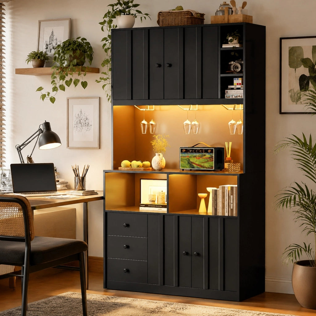 Colonna da cucina LED con vetrina, prese e 3 portabicchieri, ripiano regolabile per cucina, nera, 100 × 40 × 180 cm