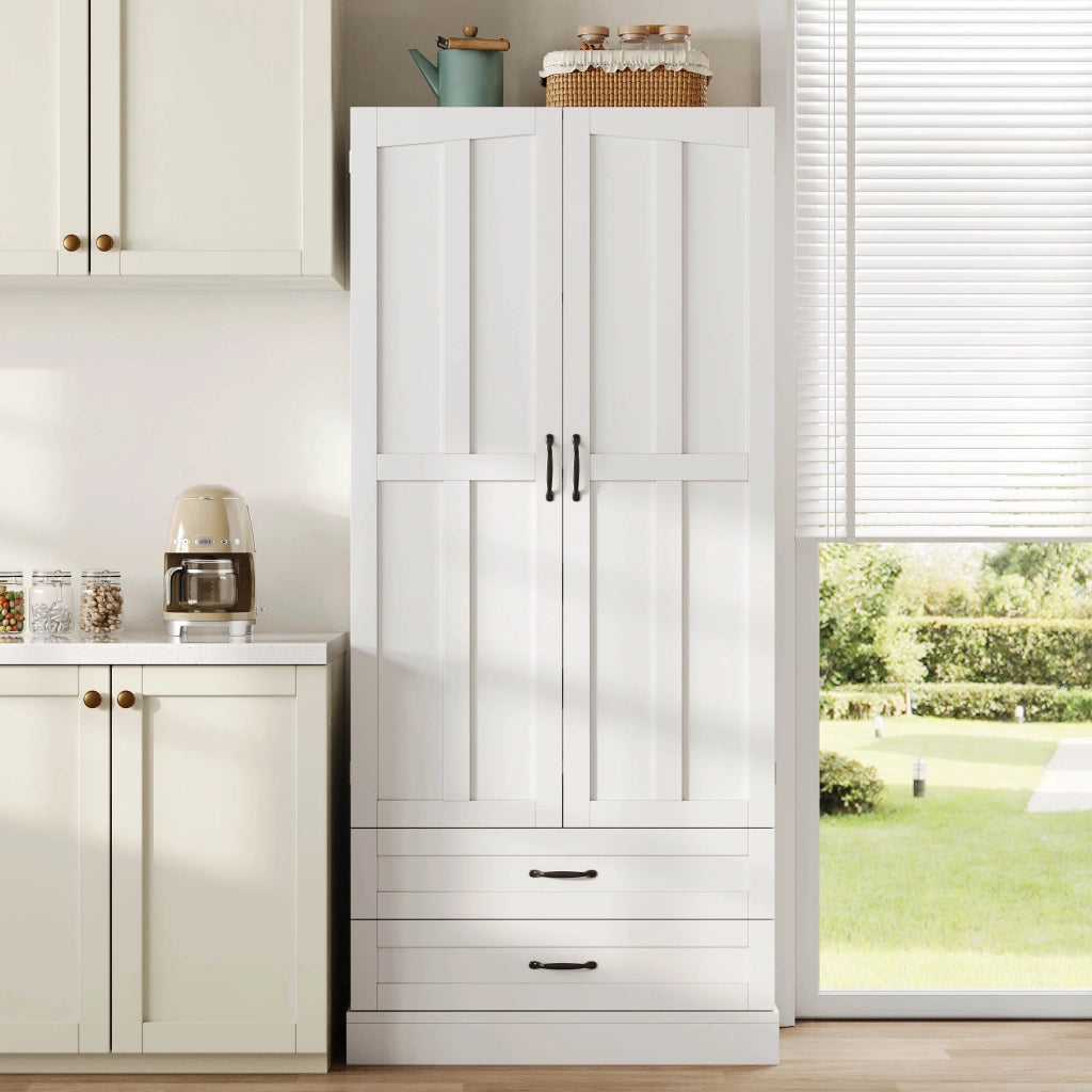 Credenza da cucina alta con 3 ripiani estraibili, 2 cassetti e ripiano regolabile, bianca in MDF, 80 × 37,5 × 180 cm