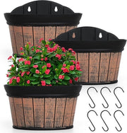 Set di tre vasi da muro per piante in legno distorto e plastica nera per vasi da fiori per piante e fiori per balconi o decorazione di recinzione marrone