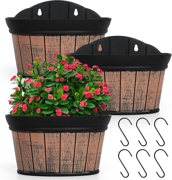 Set di tre vasi da muro per piante in legno distorto e plastica nera per vasi da fiori per piante e fiori per balconi o decorazione di recinzione marrone