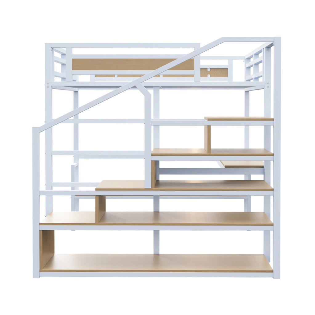Letto a soppalco in metallo 140x200 cm con scrivania, scaffali e scala contenitore, bianco