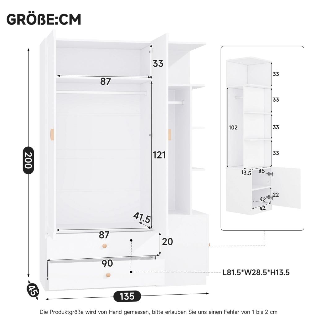 Armadio ULEVR 135x45x200 cm bianco con 2 barre appendiabiti, 2 cassetti e modulo laterale aperto