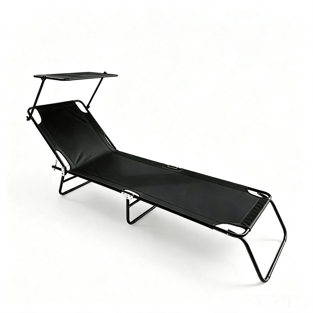 Lettino Prendisole Pieghevole con Tettuccio Parasole da Giardino e Campeggio, Brandina Regolabile in Metallo e Poliestere Nero 186x54x24 cm