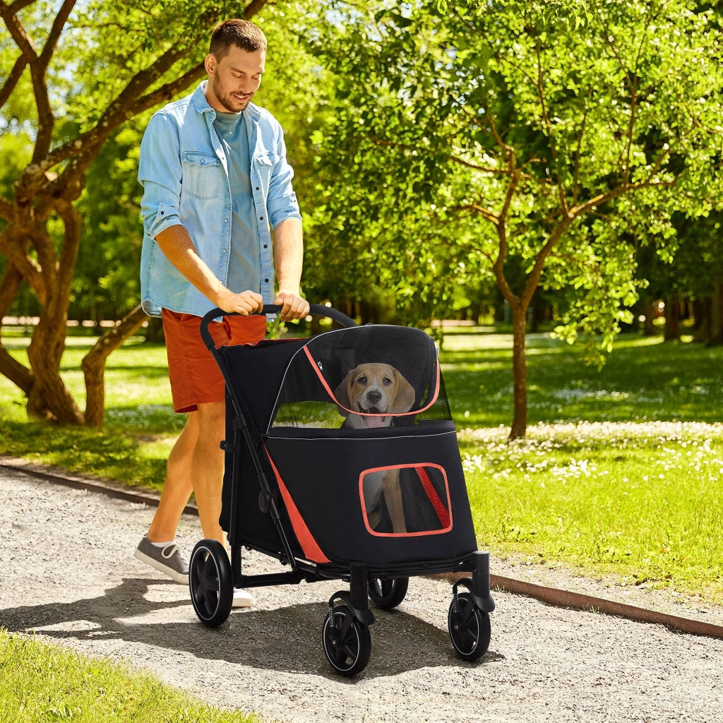 EasyComfort Passeggino per Cani Pieghevole con Ingressi a Cerniera e Finestre a Rete, 112x65x100 cm, Rosso e Nero