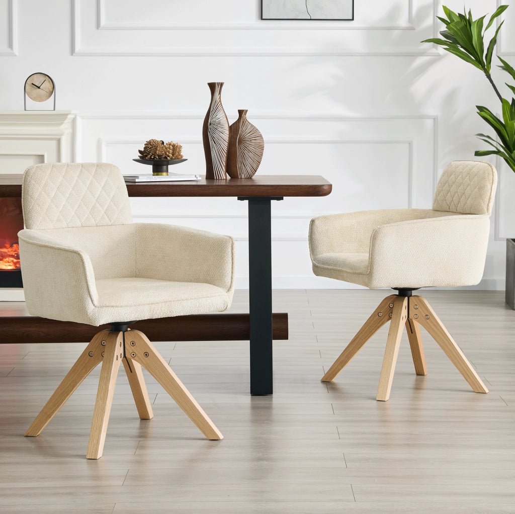 Set 2 sedie da pranzo girevoli 360° in tessuto crema con gambe in legno massello HOMVRA