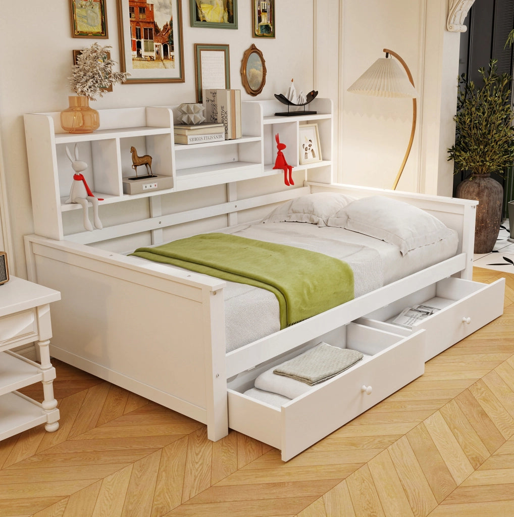 Letto singolo multifunzione 90x200 cm in legno massello bianco con cassetti e scaffali integrati
