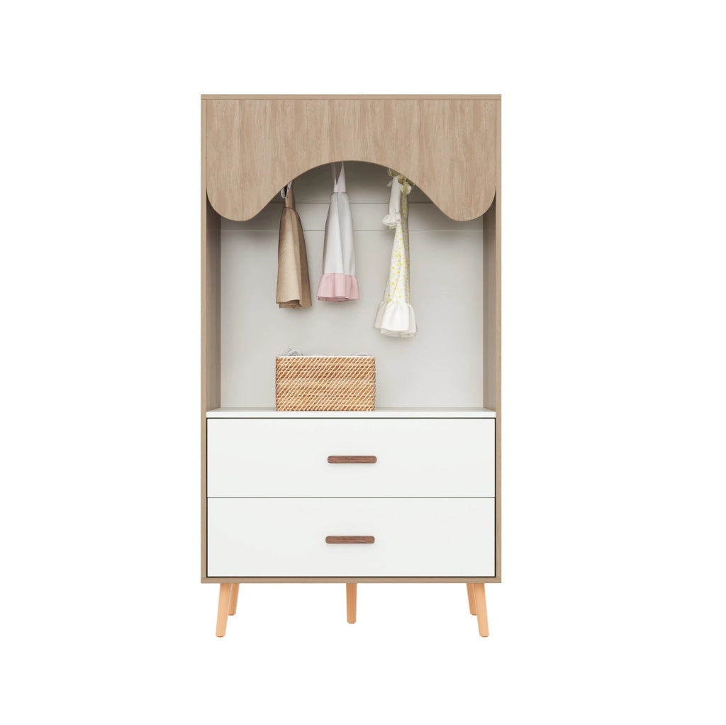 Armadio Aperto per Bambini in Legno 80 x 46 x 141.5 cm con Barra Appendiabiti e 2 Cassetti Bianco e Naturale