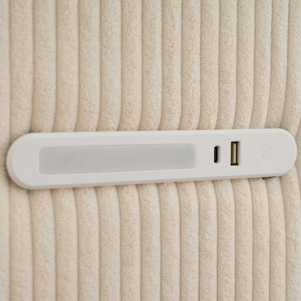 Letto contenitore 160x200 cm in tessuto a coste beige con lampada, senza materasso