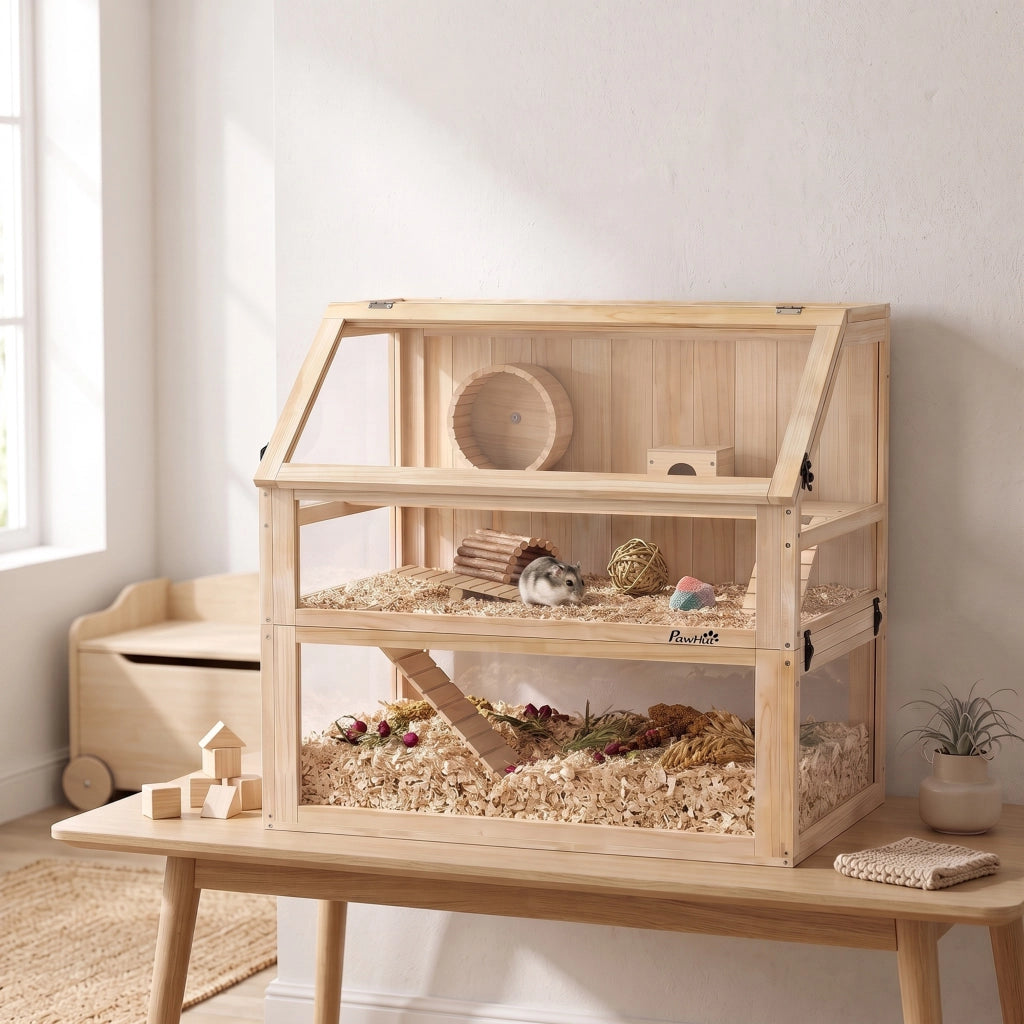 Gabbia per criceti in legno a 3 piani con coperchio ribaltabile e ruota per piccoli roditori 80 x 50 x 76 cm legno naturale