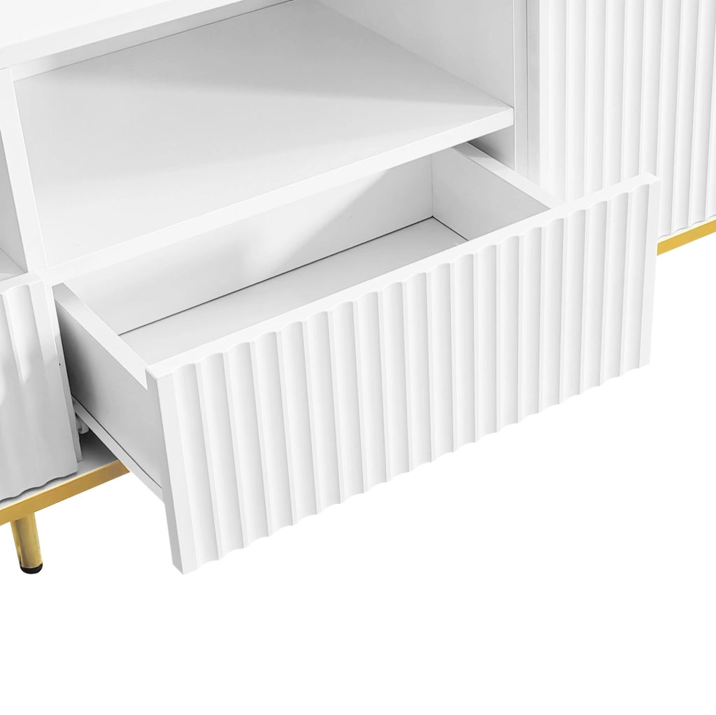 Mobile TV con 2 cassetti e 2 vani; 165 x 36 x 55 cm; pannello truciolare; bianco e oro
