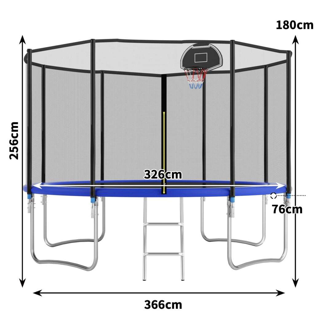 Trampolino rotondo da esterno 366 cm in acciaio blu con rete di sicurezza -