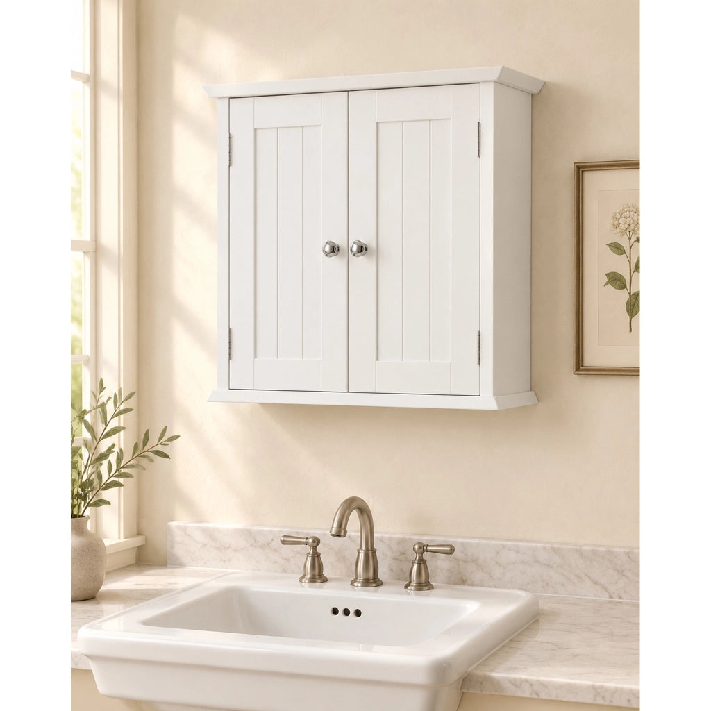 Armadio da bagno bianco a parete con doppie ante e ripiani regolabili, 54,6x19,8x59,9 cm