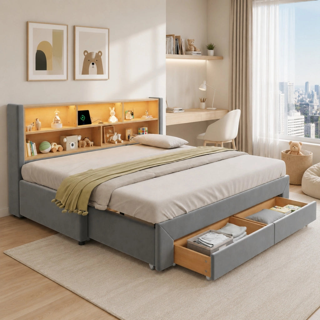 Letto singolo estraibile 90x200 cm con 2 cassetti; LED e USB/Type-C in velluto grigio HOMVRA