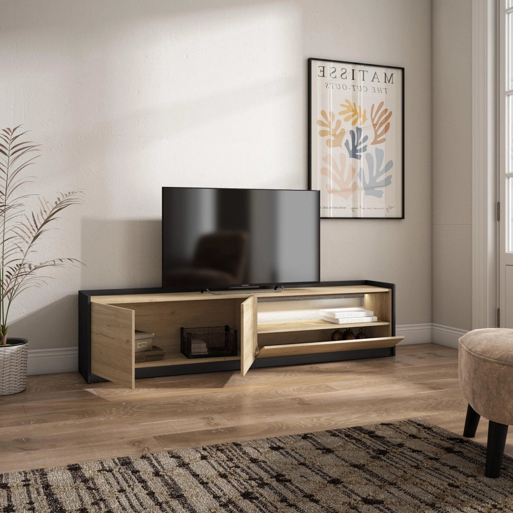 Mobile TV Soggiorno, 207x50x37 cm, Per TV fino a 80", LED, Rovere e nero