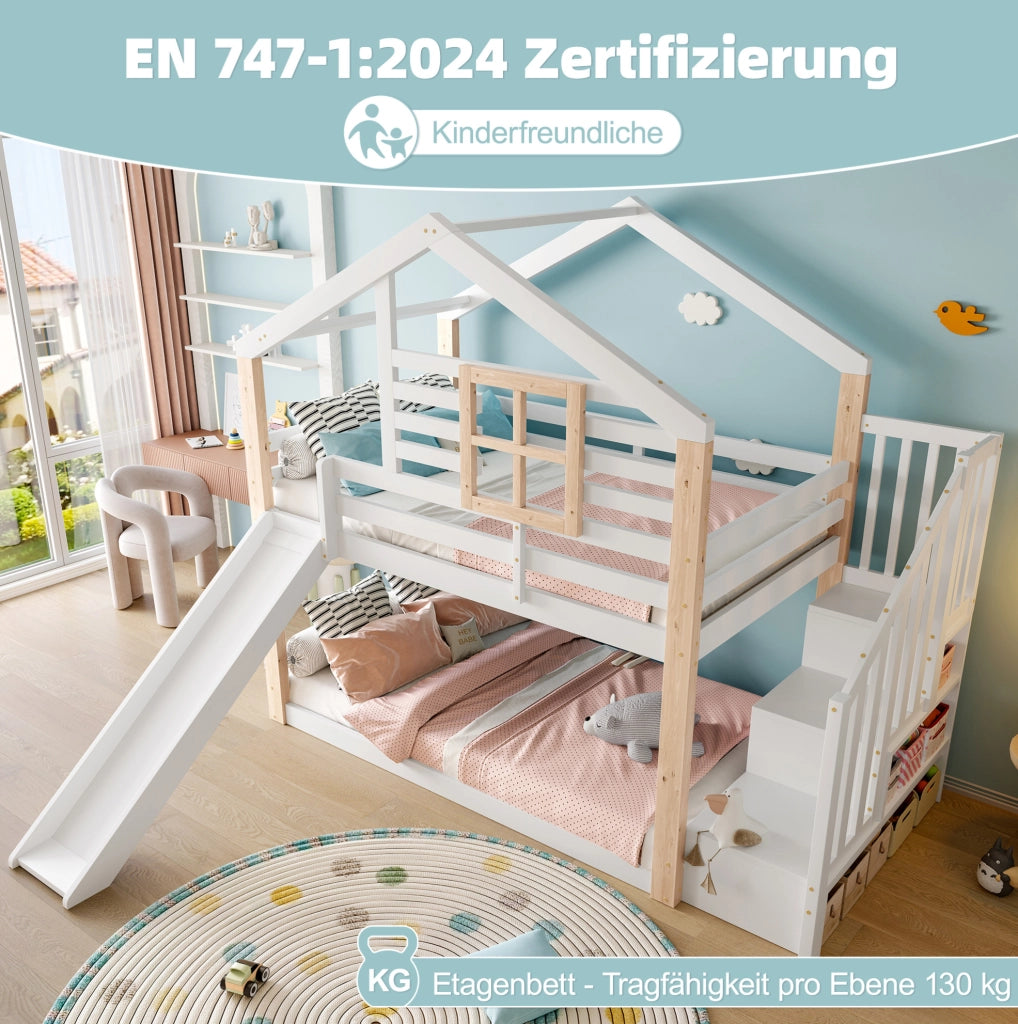 Letto a castello per bambini 90x200 cm con scivolo e scala