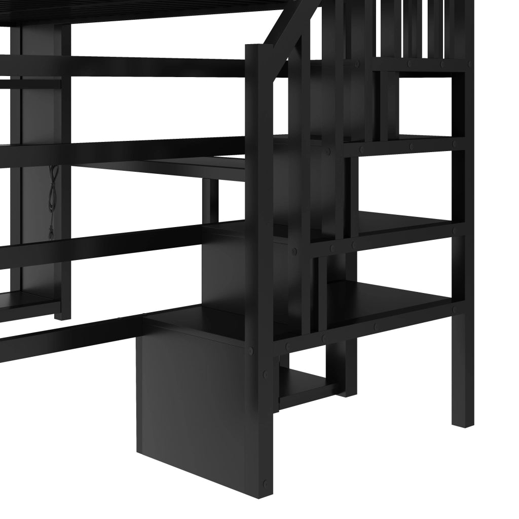Letto a Soppalco 140x200 cm con Scrivania; Armadio; LED; USB; Scala e Sponde; Nero