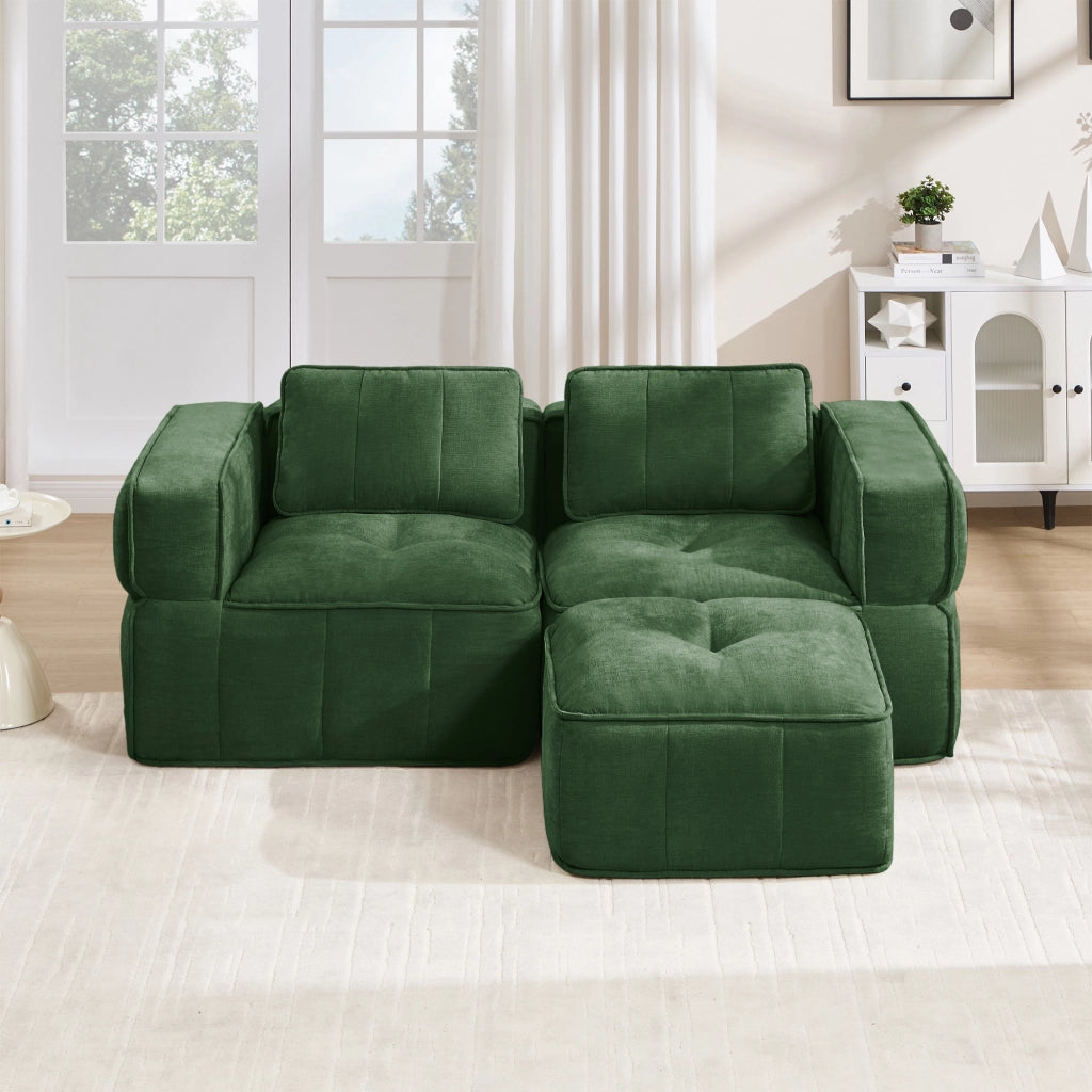 Divano angolare modulare 2 posti con pouf, seduta profonda e base antiscivolo in poliestere verde