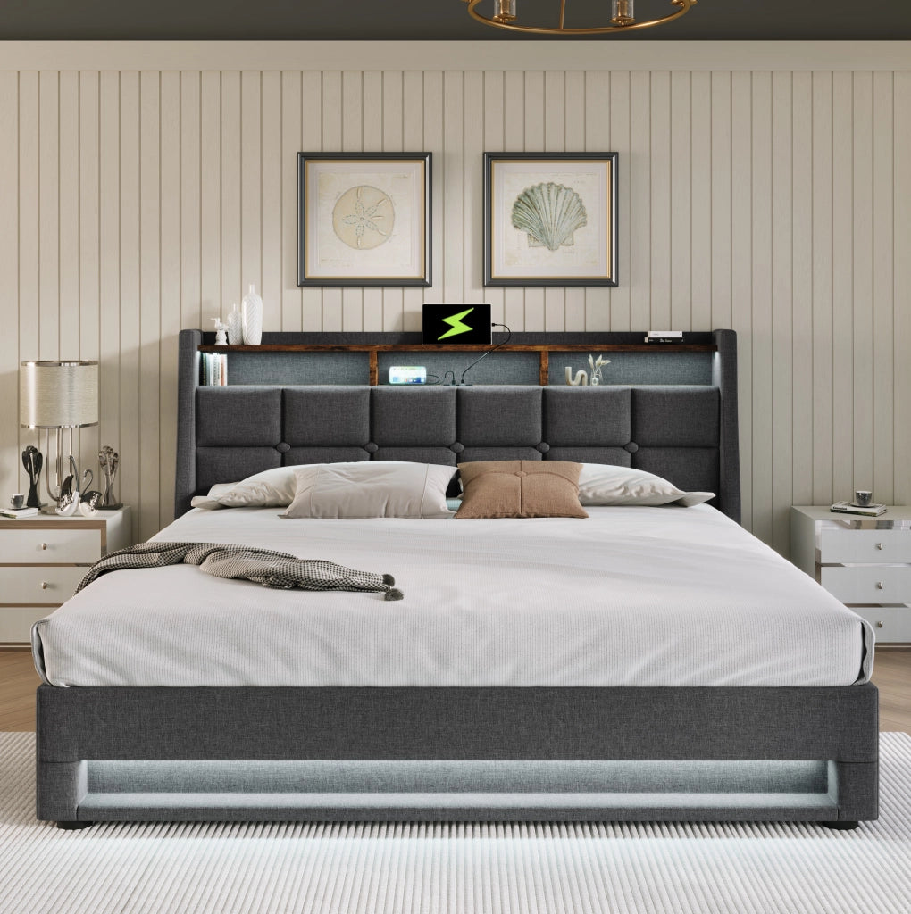 Letto imbottito 140x200 cm con LED e USB, struttura in lino grigio con rete a doghe in metallo e materasso ortopedico a 7 zone H3
