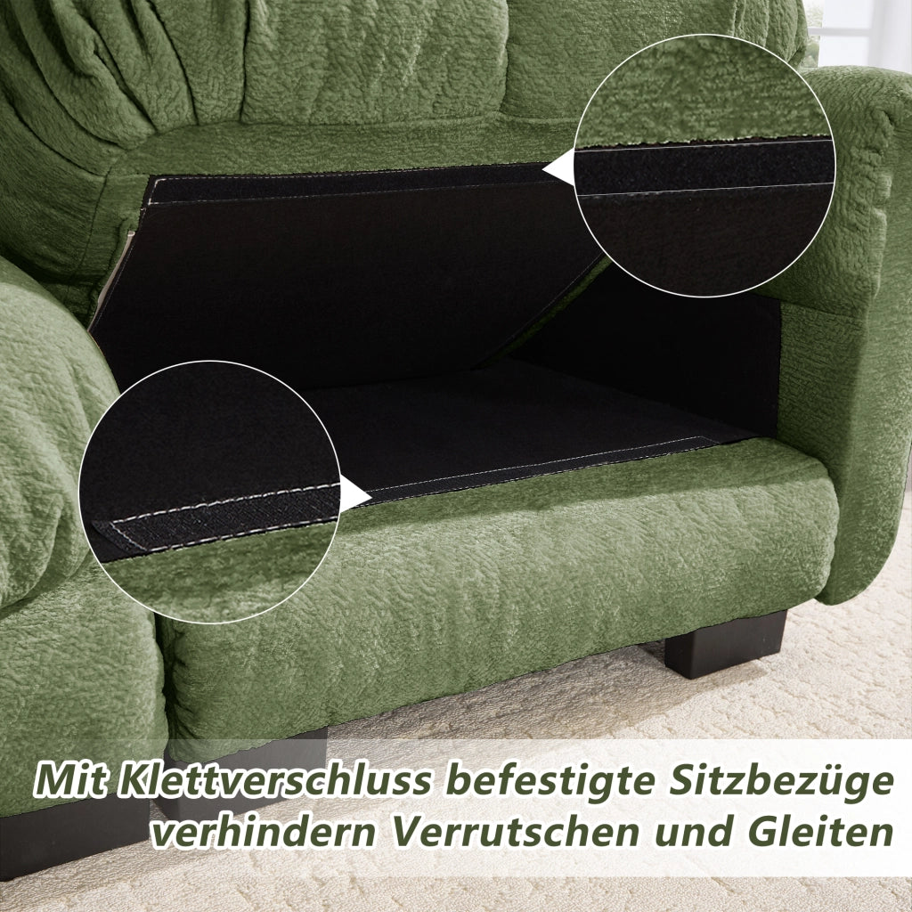 Divano modulare in ciniglia verde con cuscini trapuntati e braccioli curvi 330 × 86 × 90 cm
