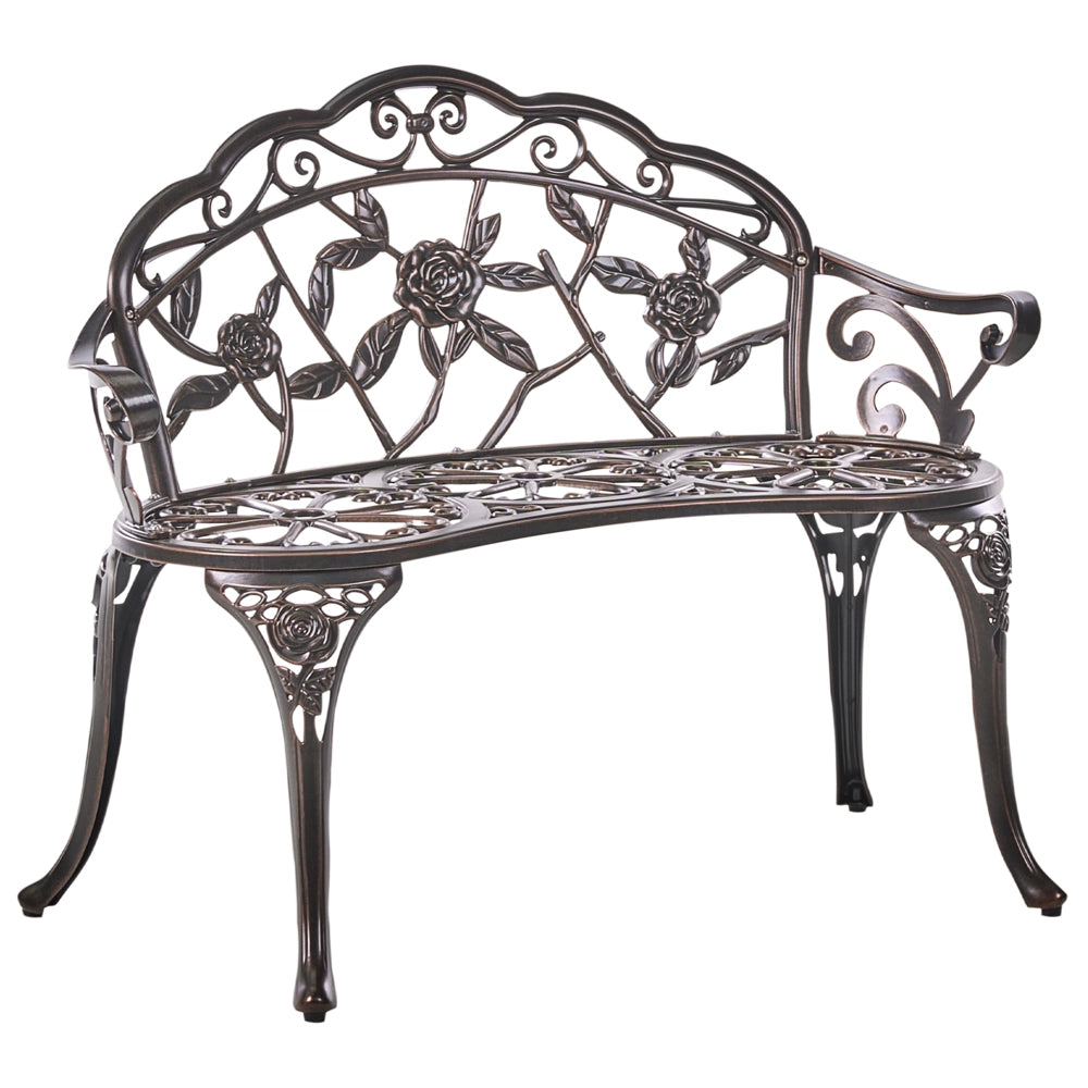 Panchina da giardino marrone scuro in metallo alluminio 2 posti braccioli stile vintage