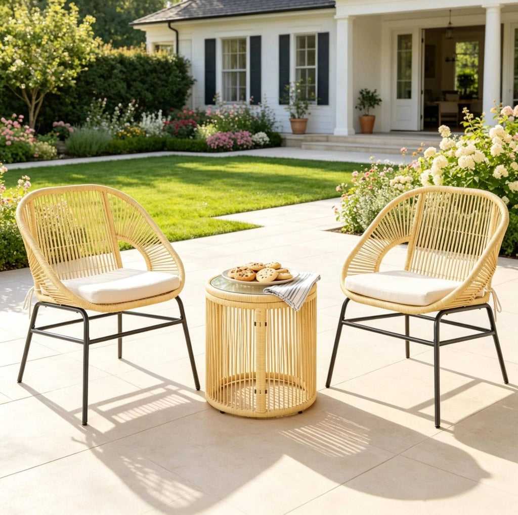 Set balcone beige con 2 poltrone e tavolo rotondo