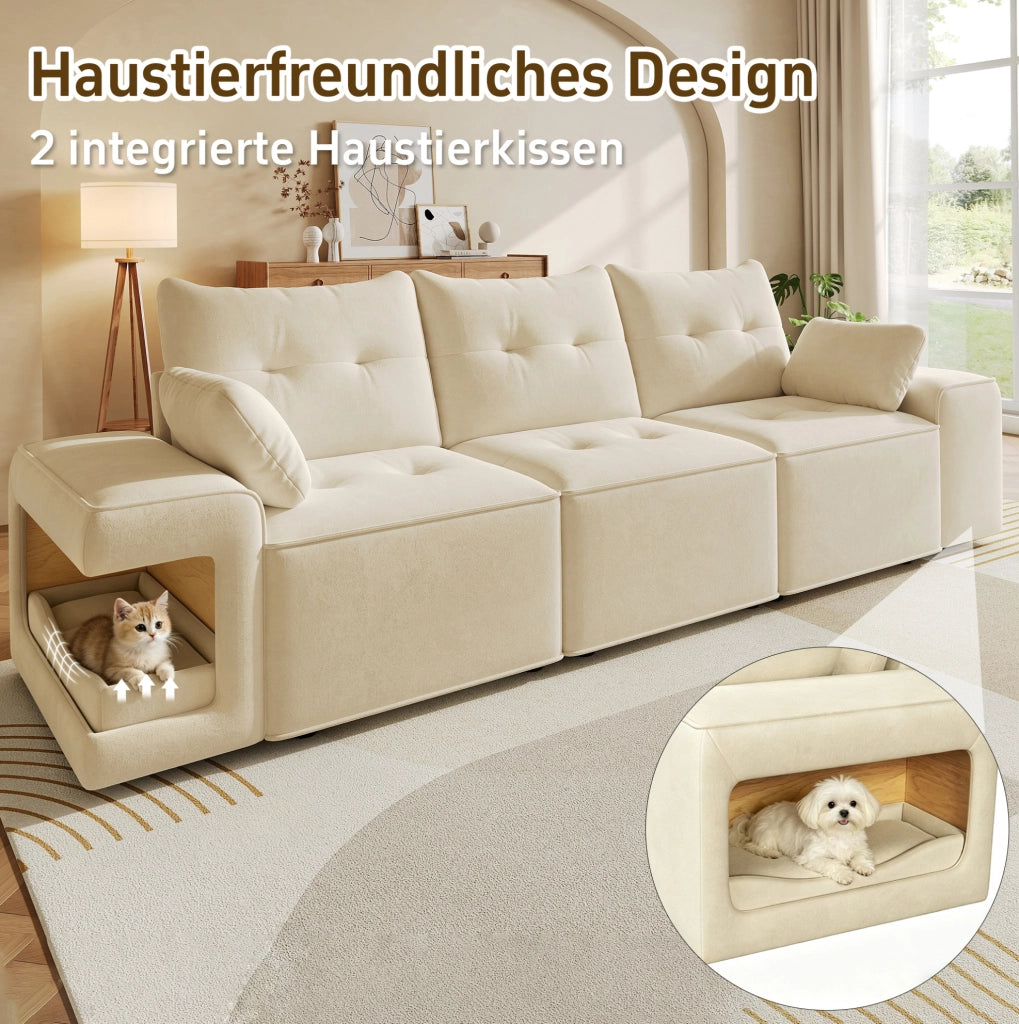 Divano modulare 3 posti in velluto beige con braccioli larghi, area per animali integrata, spazio contenitore e due cuscini