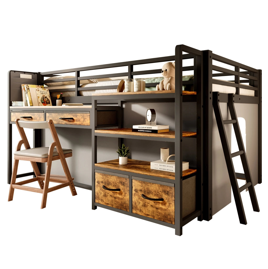 Letto a soppalco ULEVR 140x200 cm con scrivania, ripiani, cassetti in tessuto e LED multicolore, nero
