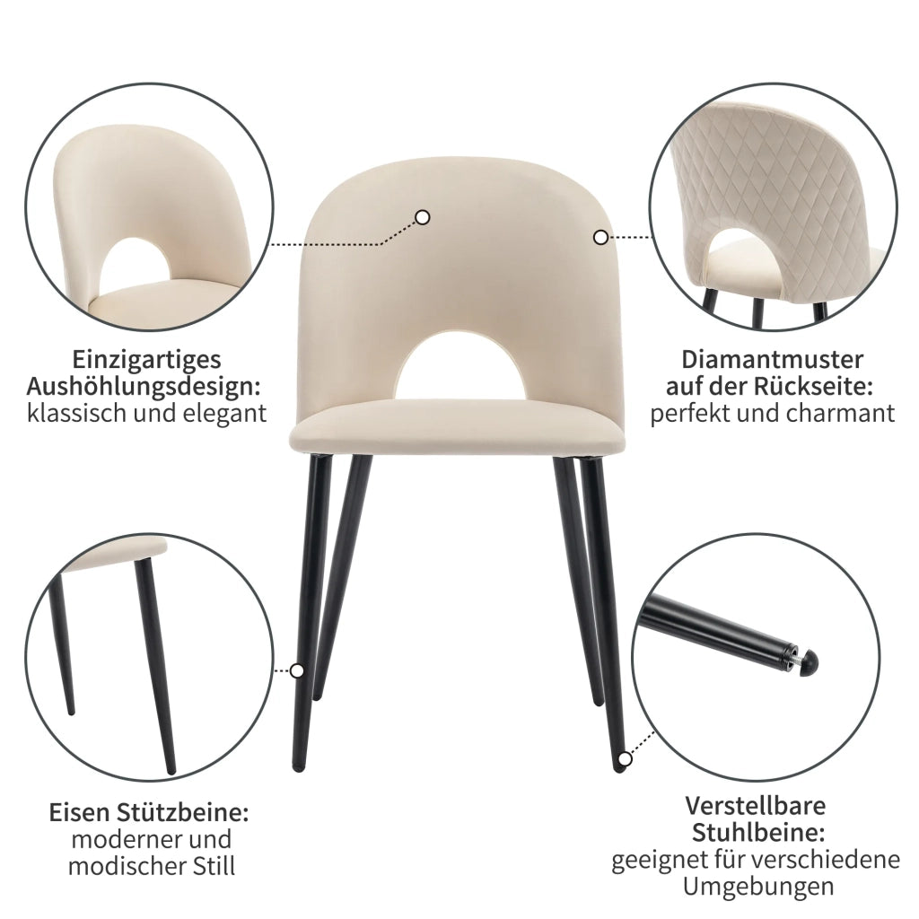 2 Sedie da Pranzo Imbottite, Design con Schienale in Velluto Beige a Motivo Diamante, Struttura in Metallo con Piedini Regolabili