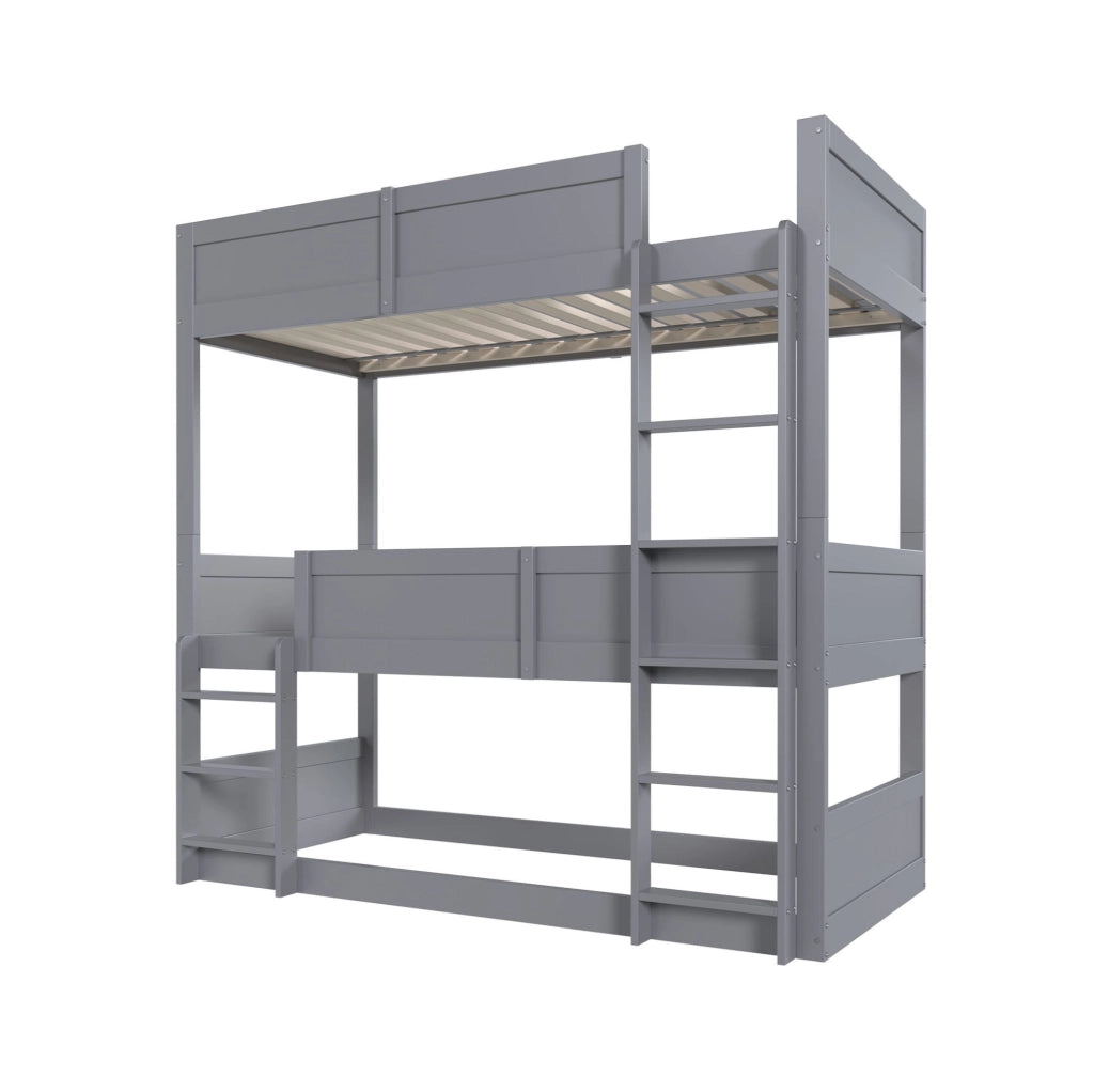 Letto a castello triplo in legno massiccio 90x200 cm con sponde alte, colore grigio