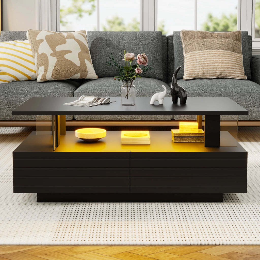 Tavolino da caffè LED 100x50x42 cm con 2 cassetti e ripiano aperto; controllo tramite app; acrilico nero