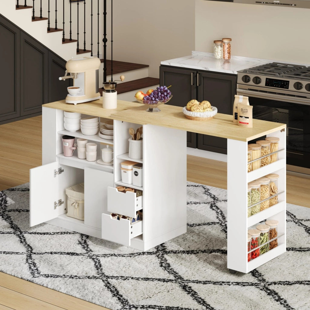 Isola cucina con piano estraibile e girevole 115x50x92 cm in MDF bianco e naturale