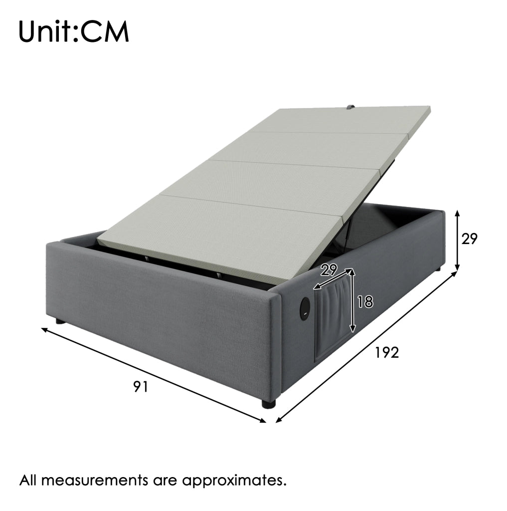 Letto contenitore 90x190 cm con USB e Type-C; senza testiera; grigio