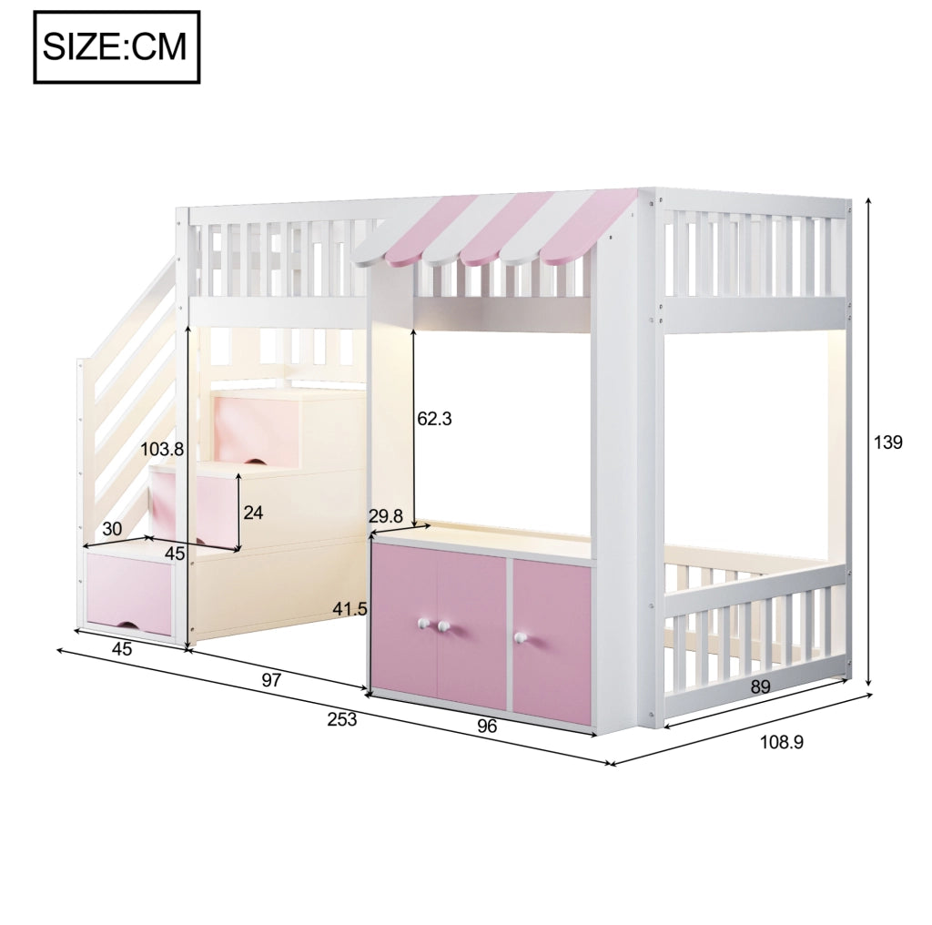 Letto a soppalco singolo 90x200 cm con scala contenitore e luce LED; rosa e bianco