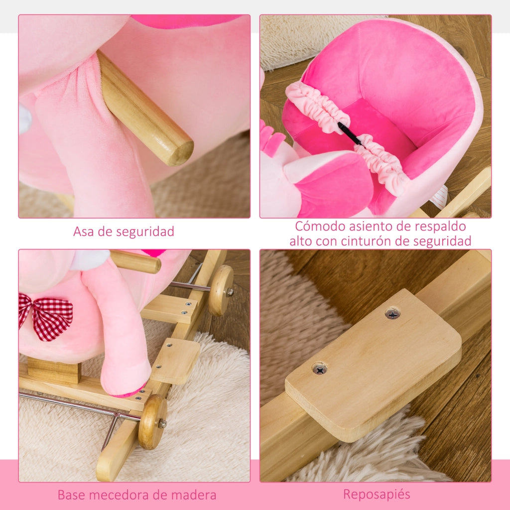 Cavallo a Dondolo con Ruote Forma Elefante ¨C Xylo ¨C Rosa 60x35x45 cm con Musica
