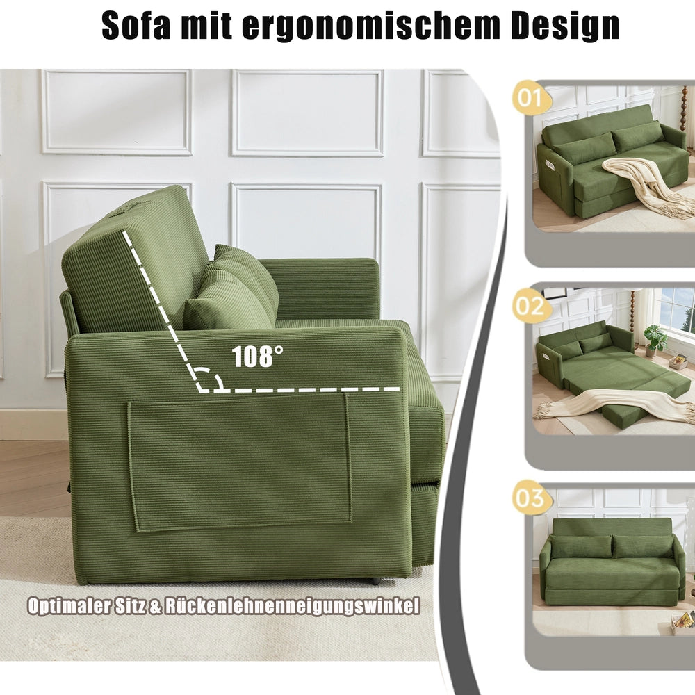 Divano letto 2 posti ¨C Minimal ¨C Tessuto corda verde 165x92x82 cm con cuscini lombari e tasche per riviste