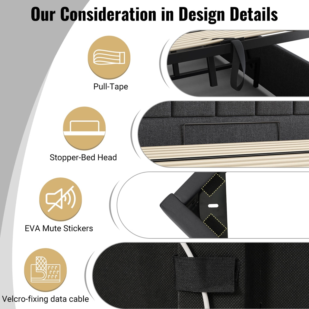 Letto imbottito con LED, USB-C e contenitore, 180x200 cm, lino grigio