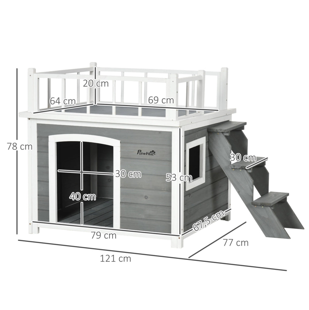 Cuccia rialzata per cani in legno massello di abete con terrazza; grigio chiaro