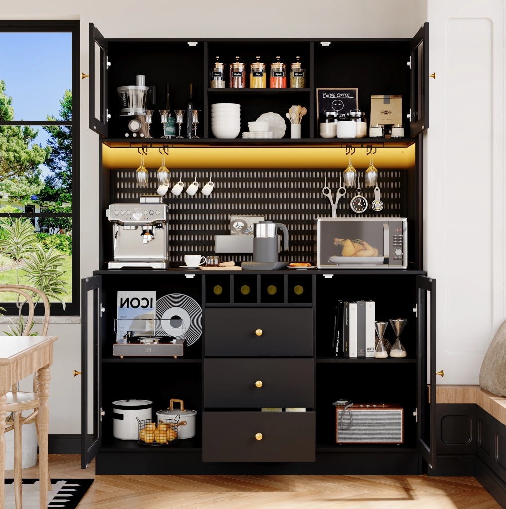 Credenza alta 140x40x185,7 cm in MDF nero con LED e contenitore
