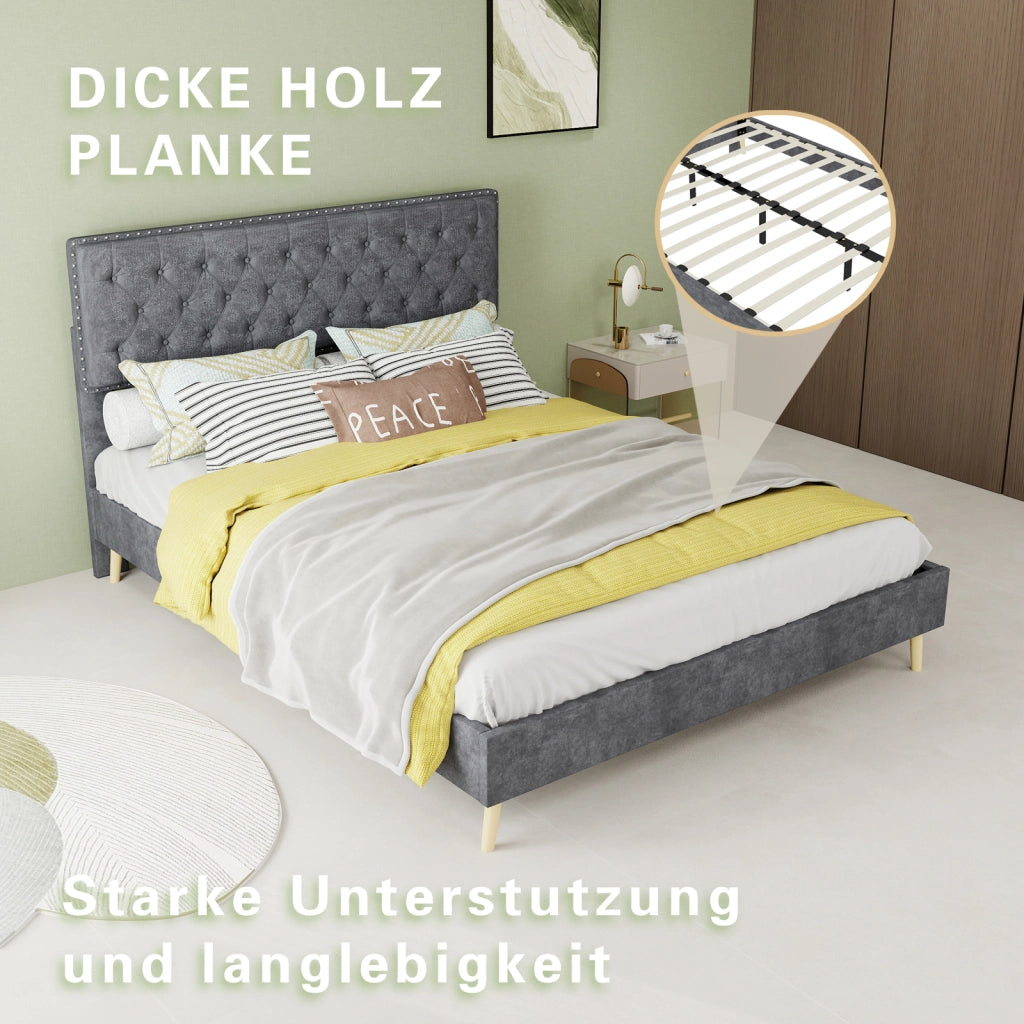 Letto imbottito 140 × 200 cm con testiera alta rivestito in velluto olandese grigio con rete a doghe
