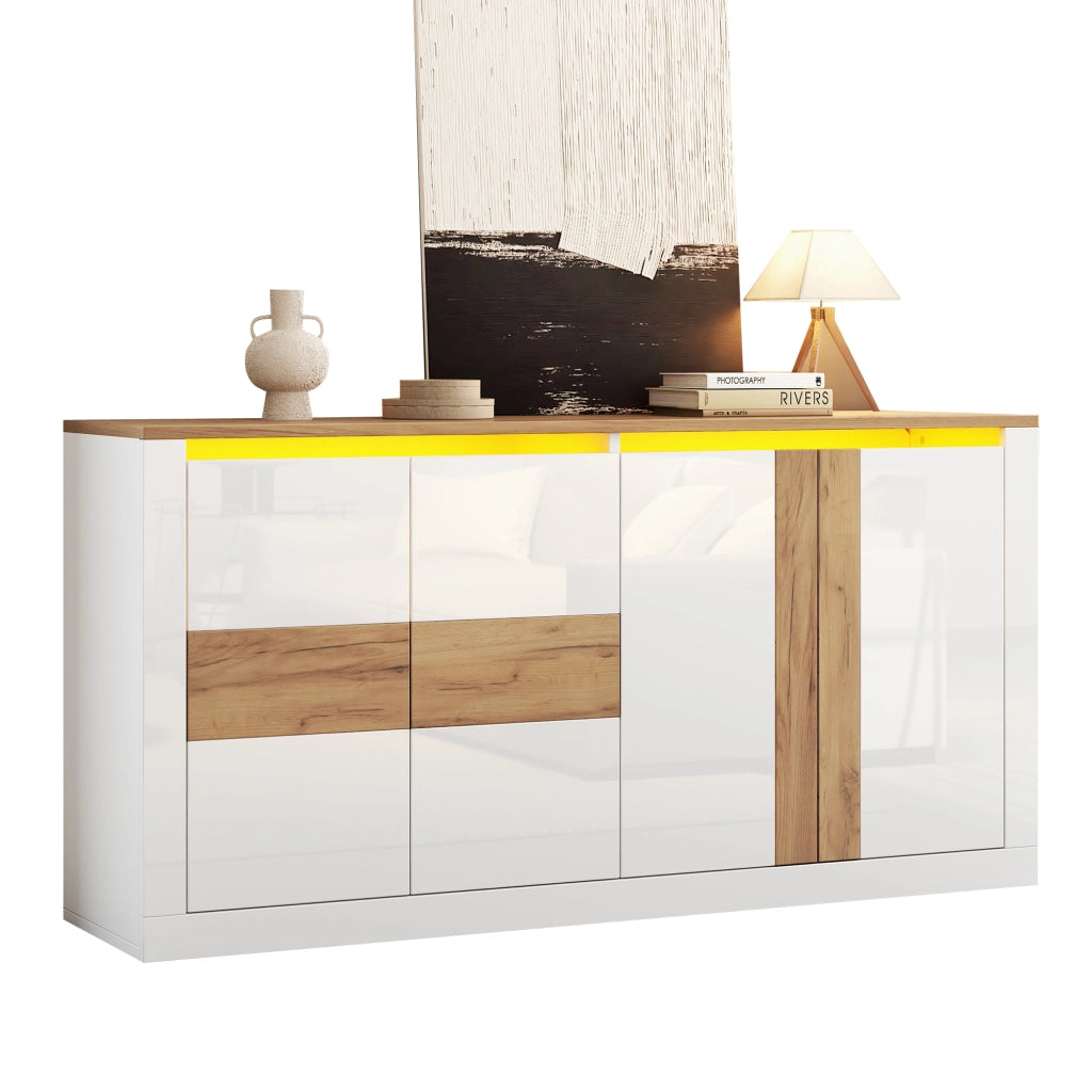Credenza con 4 ante; ripiani regolabili e LED RGB - per soggiorno - 140×35×70 cm - bianco