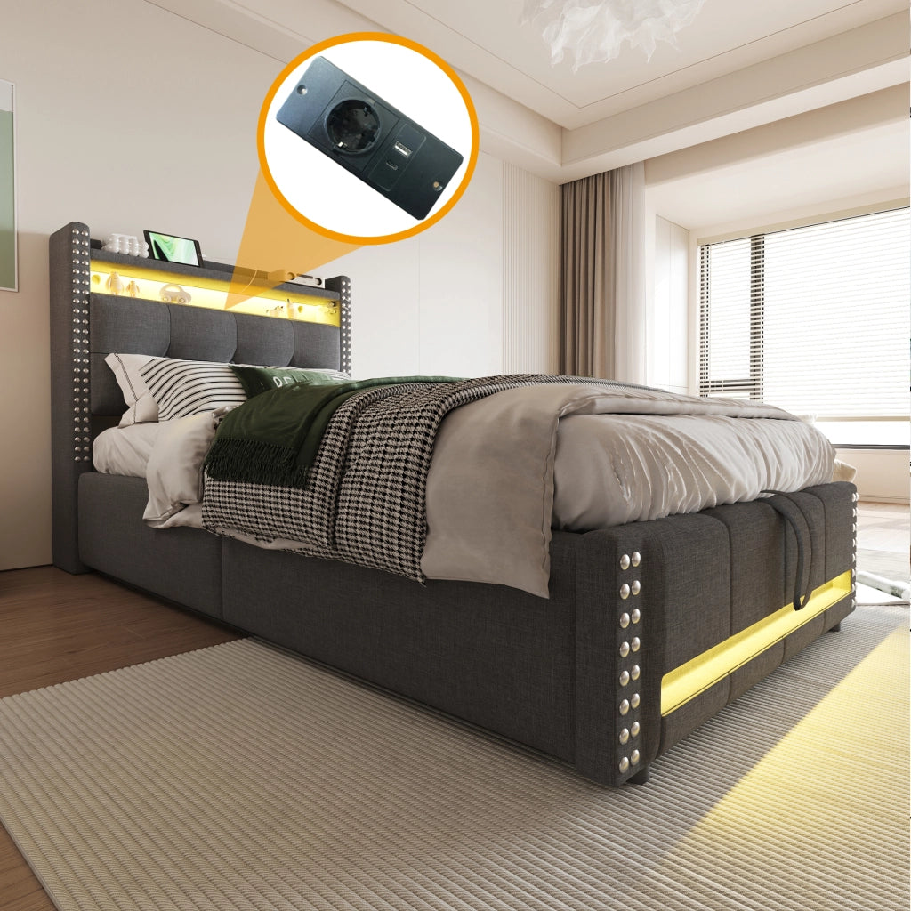 LETTO imbottito con LED, USB e contenitore 90x200 cm grigio