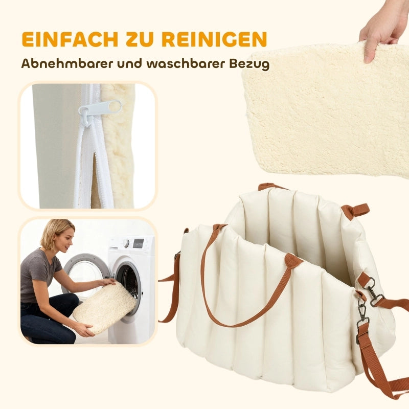 Seggiolino auto per cani con due cinghie regolabili; base antiscivolo e borsa da trasporto color crema