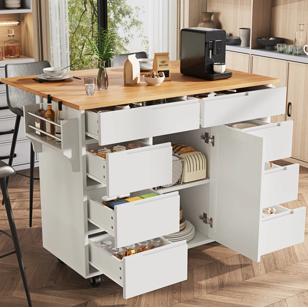 Isola da Cucina Mobile con Piano Ribaltabile 122 x 74.5 x 91.5 cm Bianca - per Cucina e Sala da Pranzo
