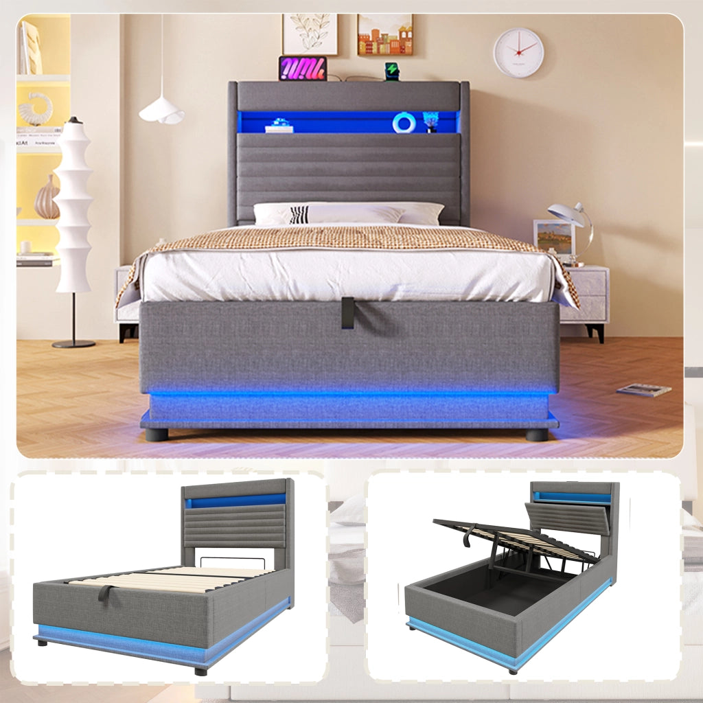 Letto contenitore 90 × 200 cm con LED; USB e porta Type-C; testiera imbottita in lino grigio