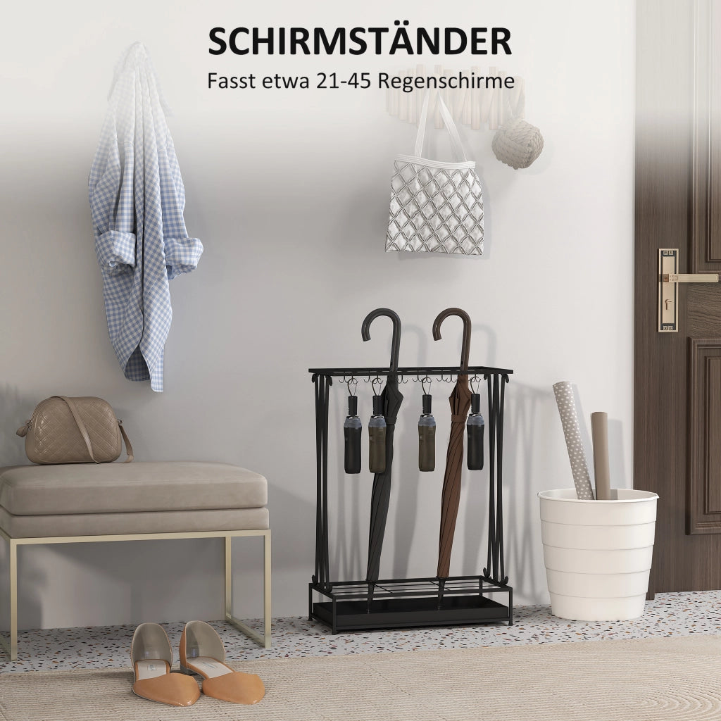 Portaombrelli rettangolare in acciaio nero con 21 supporti e 24 ganci; vaschetta estraibile 50 × 24 × 68 cm