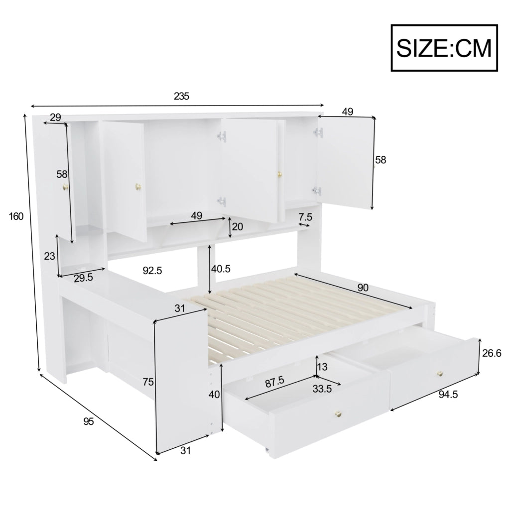 LETTO Multifunzionale 90x200 cm con Scrivania, LED e Prese Bianco