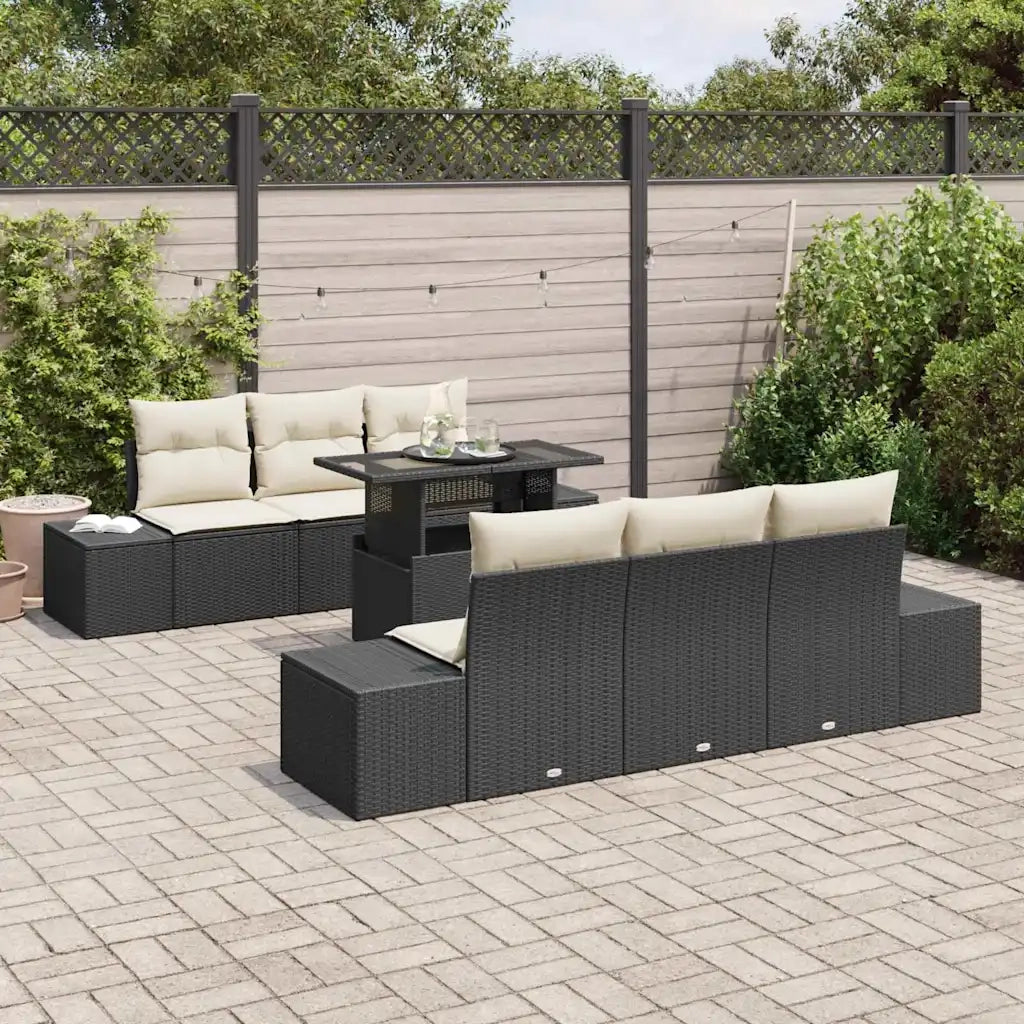 Set di divani con cuscino 7 pcs Nero e Crema polyrattan