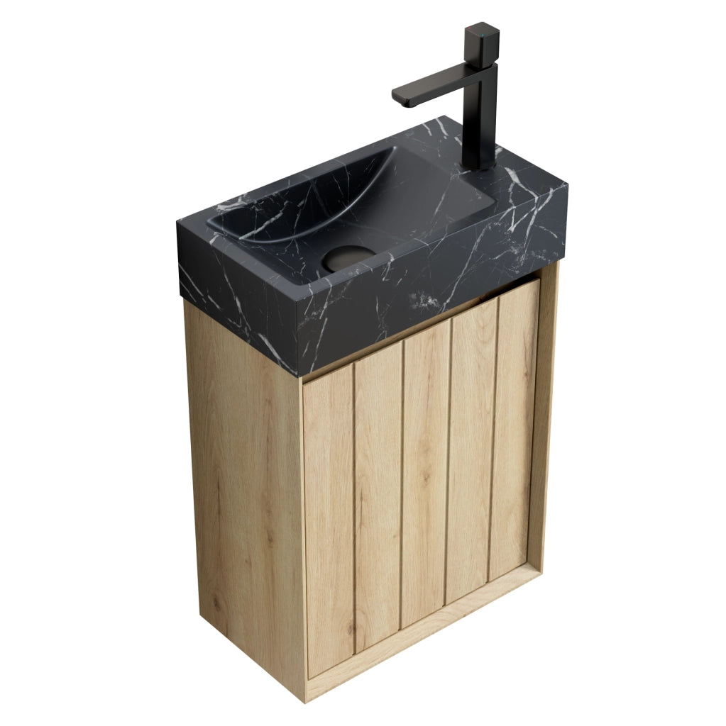 Mobile bagno 40 cm con lavabo integrato in marmo nero e struttura in compensato effetto quercia bianca